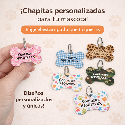 Chapa personalizada para perros de My Pet Atelier con nombre y diseño único en metal brillante.