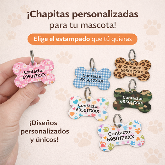 Chapa personalizada para perros de My Pet Atelier con nombre y diseño único en metal brillante.