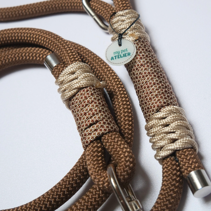Correa de paseo para perro Brownie de color marrón y beige, hecha por Mi tienda, con asa resistente y ajustable.